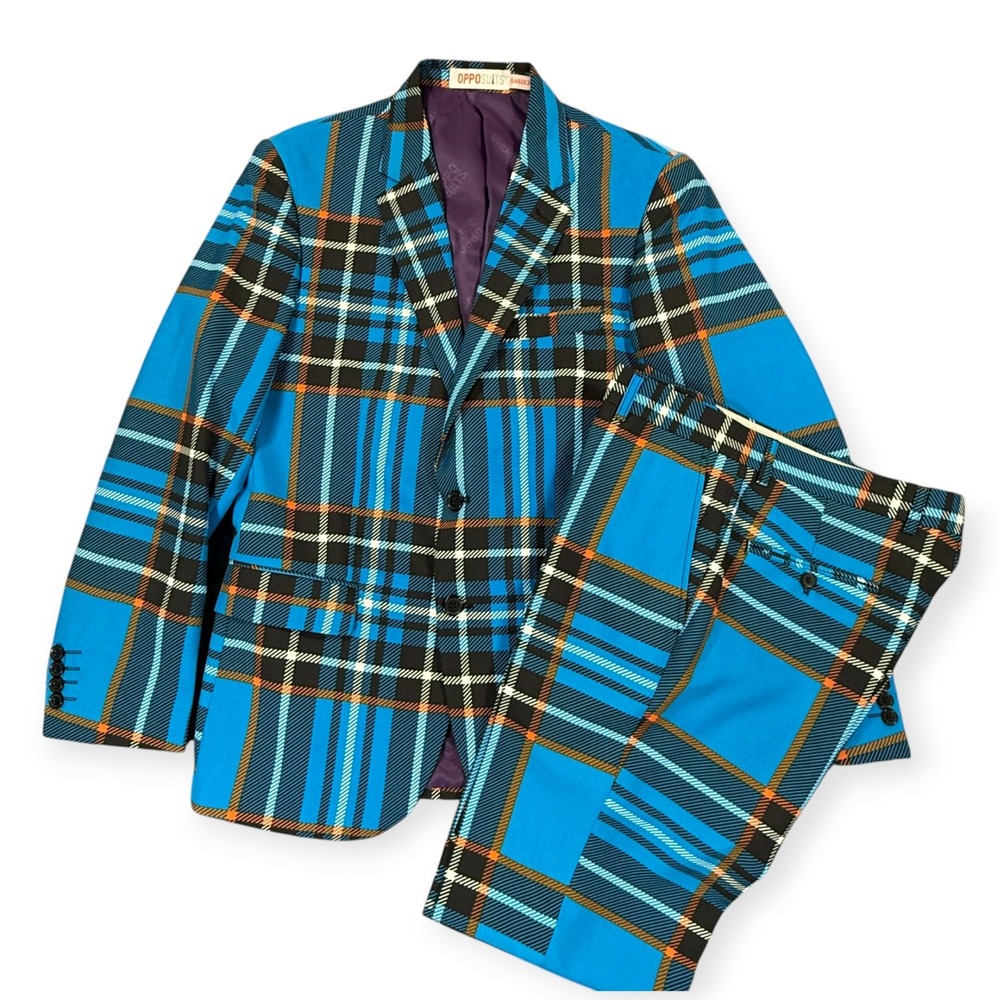 OppoSuits Braveheart 2 Pc Suit Mens 38 Blue Plaid Tartan Slim Fit Formal Party